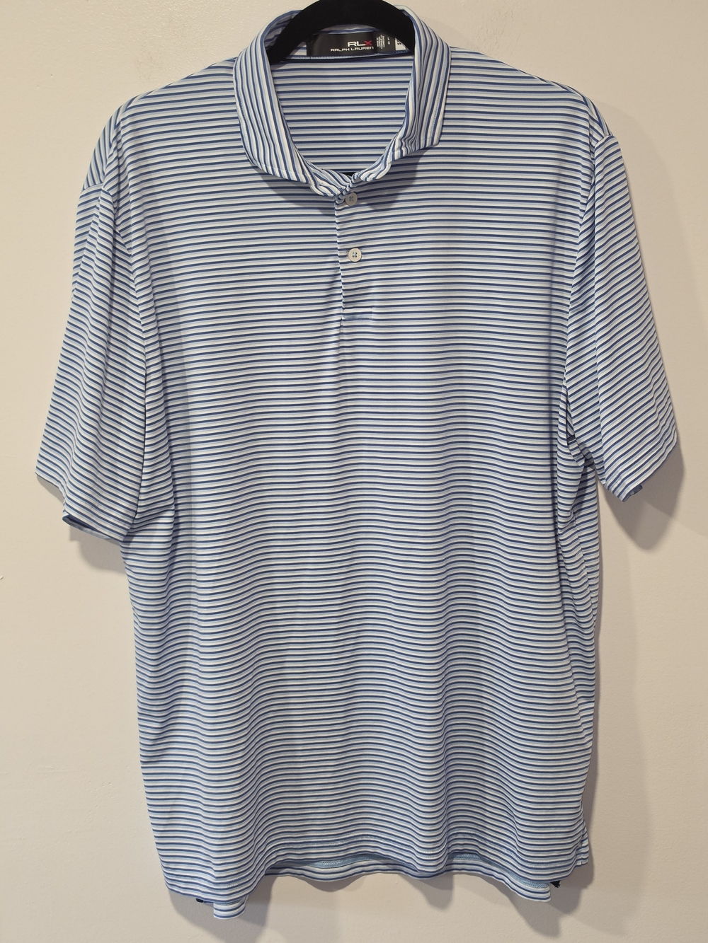 RLX Ralph Lauren Blue & White Striped Performance Polo Golf Shirt Men Size Large